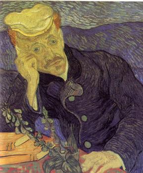 Vincent Van Gogh : Doctor Gachet Sitting at a Table with Books and a Glasswith Sprigs of  Foxglove